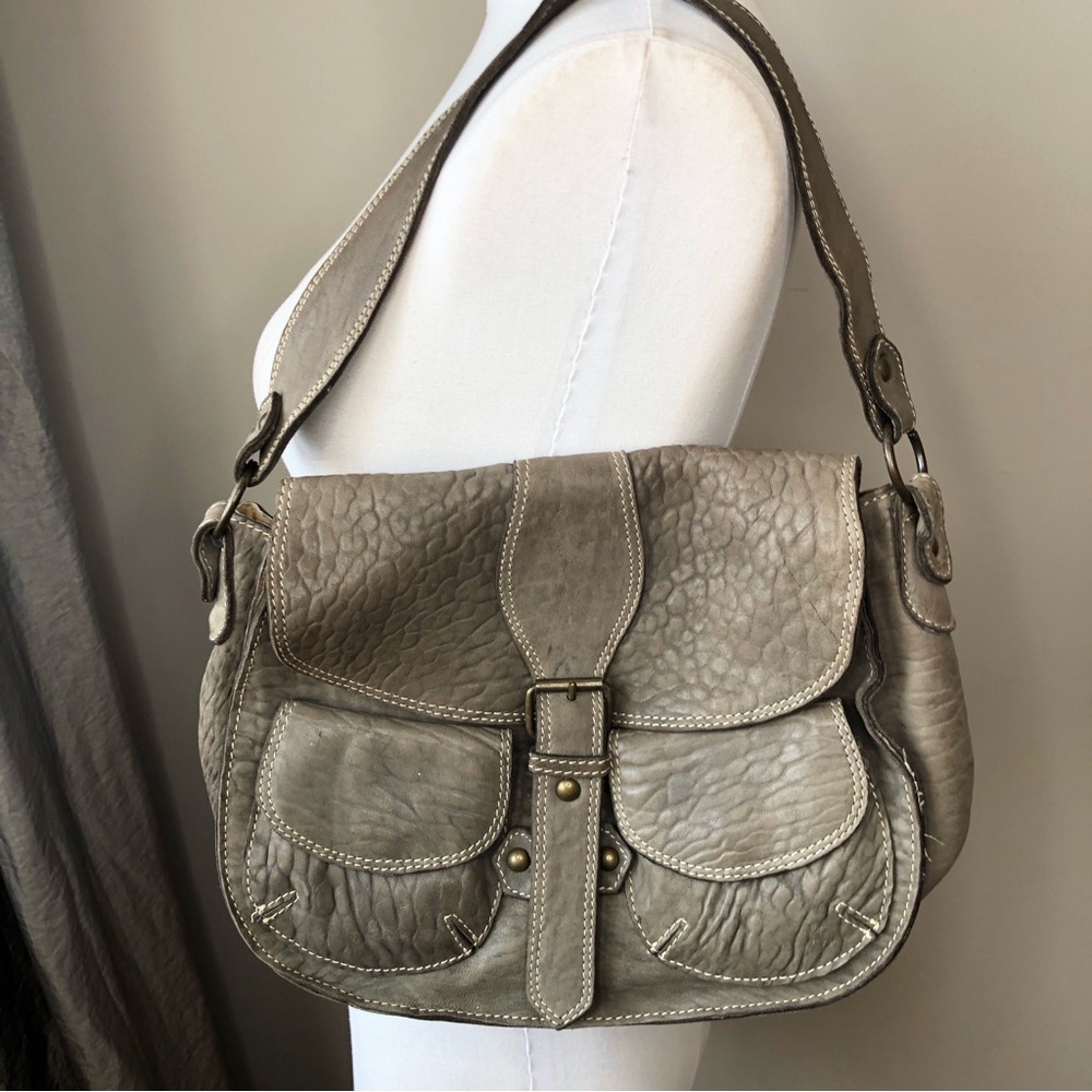 Vintage Patrizia Pepe Italy Distressed Leather Cargo Bag Gray Boho Y2K Luxury